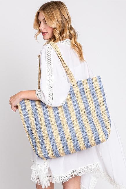 Striped Color Straw Crochet Tote Bag