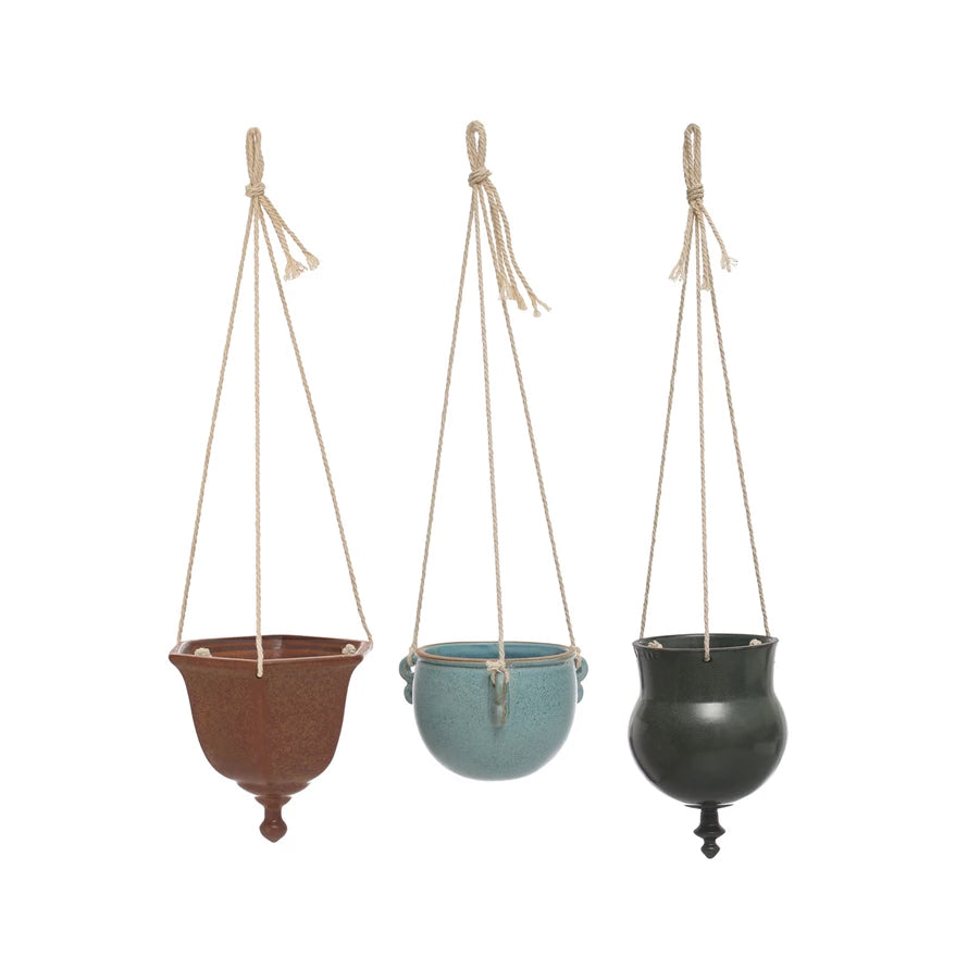 Hanging Stoneware Planter w/ Jute Rope Hanger, 3 Styles