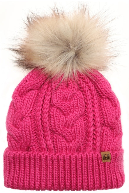 Women's Faux Fur Pom Beanie Hat with Sherpa Lining