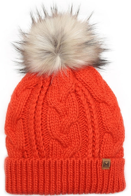 Women's Faux Fur Pom Beanie Hat with Sherpa Lining