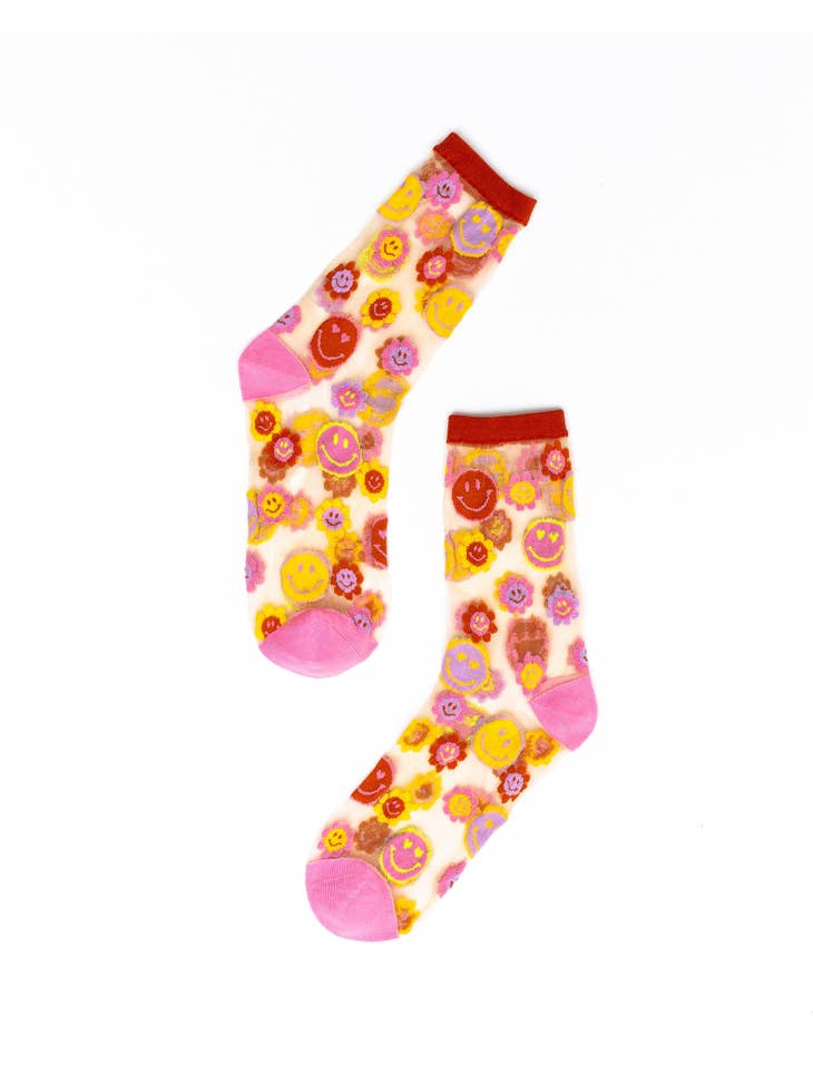 Smiley Face Daisy Sheer Crew Sock