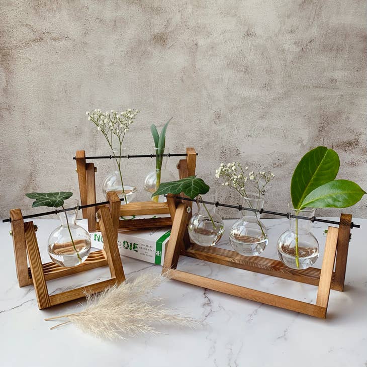 planter pot with wood stand Glass Planter Bulb Vase with Wooden Stand