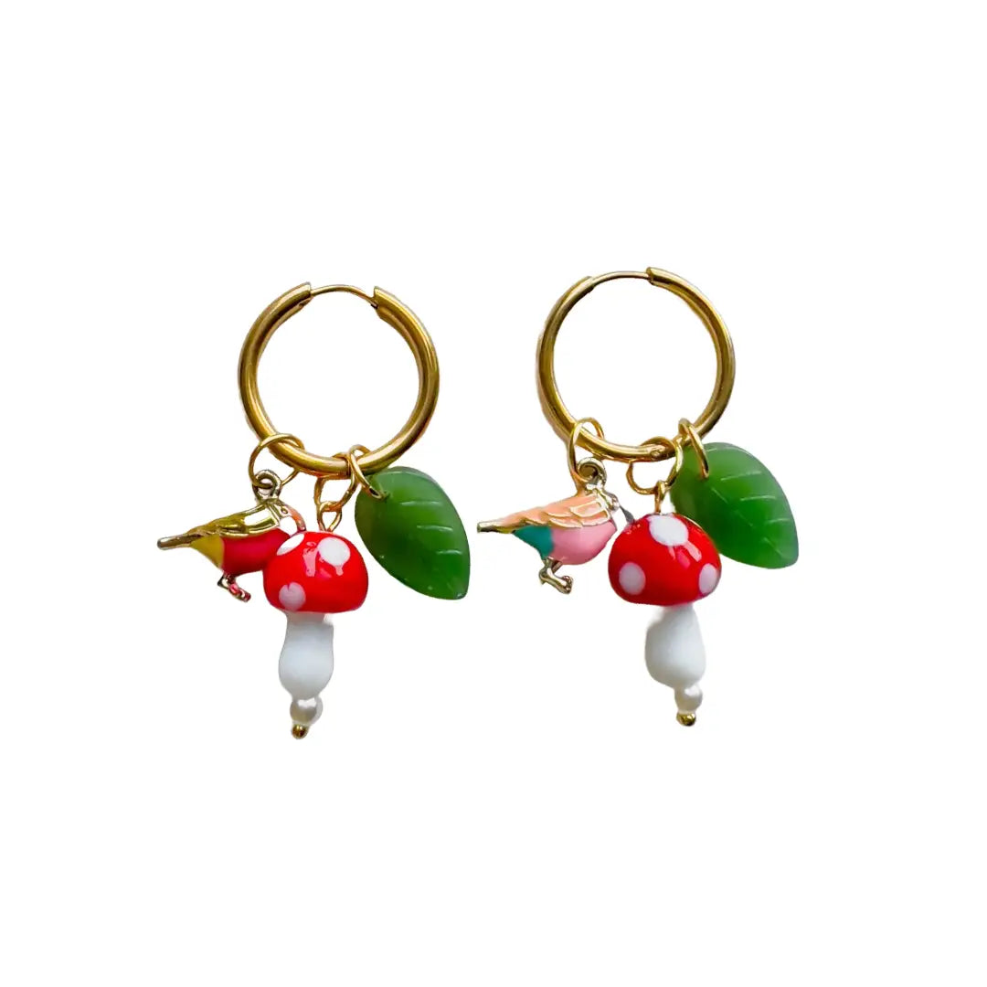 Birds and Mushrooms Earrings | Glass Bead Earrings