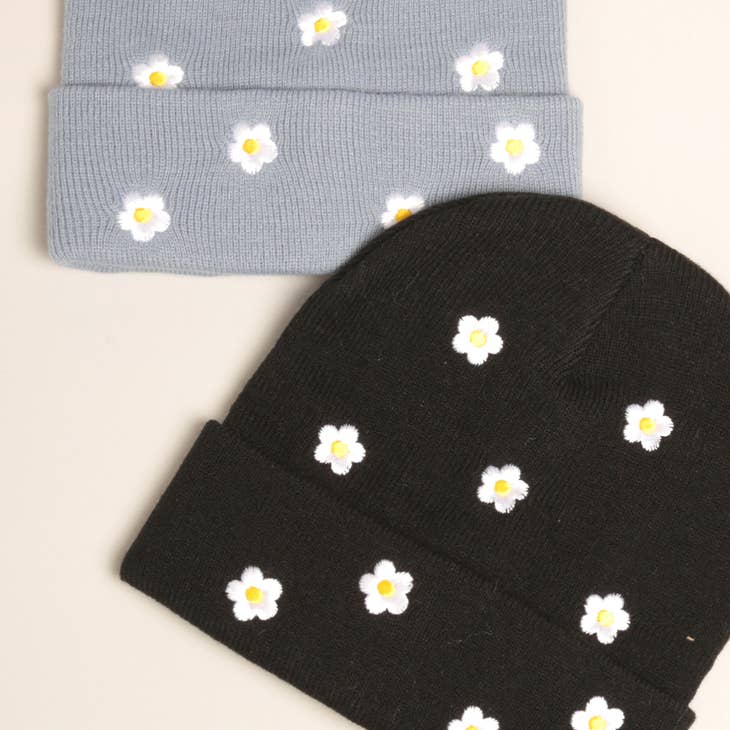 Flower Embroidered Knit Beanie Hat