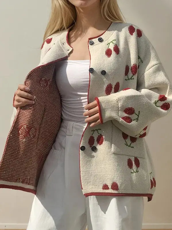 Heavy Weight Cherry Pattern Button Up Cardigan