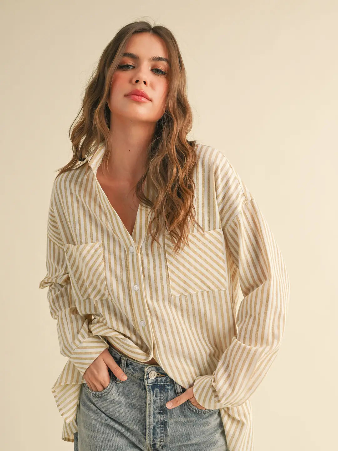 Striped Pattern Button Down Shirt Large
