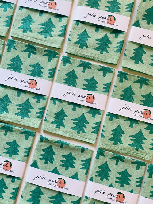 Glitter Trees On Green - Boho Christmas Cotton Tea Towel
