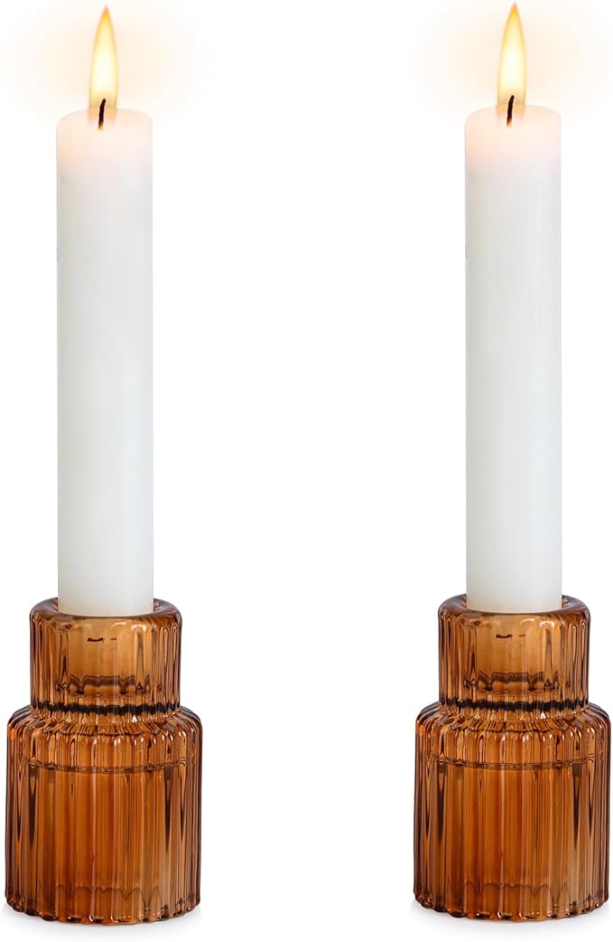 Fluted Amber Glass Taper Candle Holder