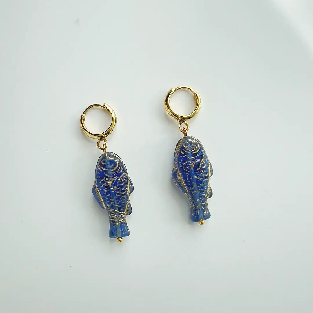 Blue and Gold Fish Sardine Earrings | Glass Bead Earrings