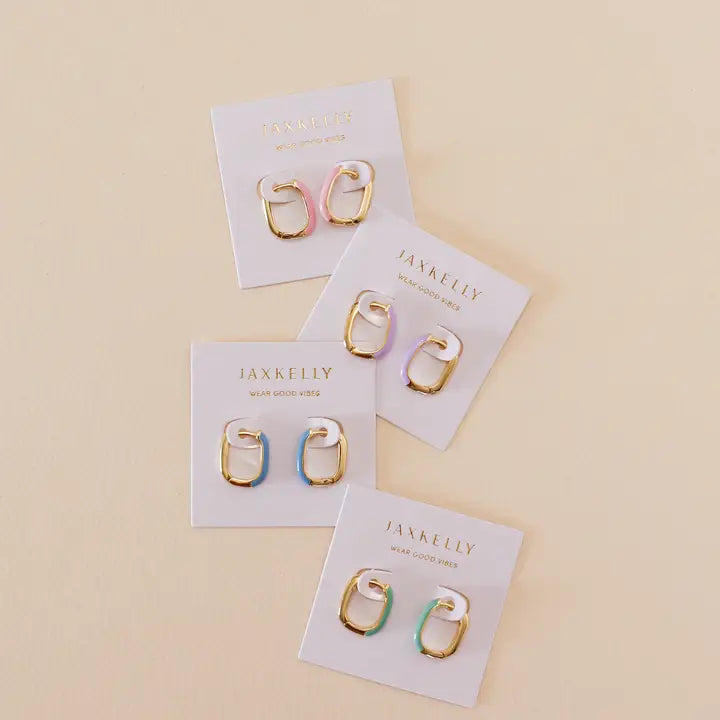 Color Dipped Rectangle Hoop Earrings - Bermuda Blue Enamel