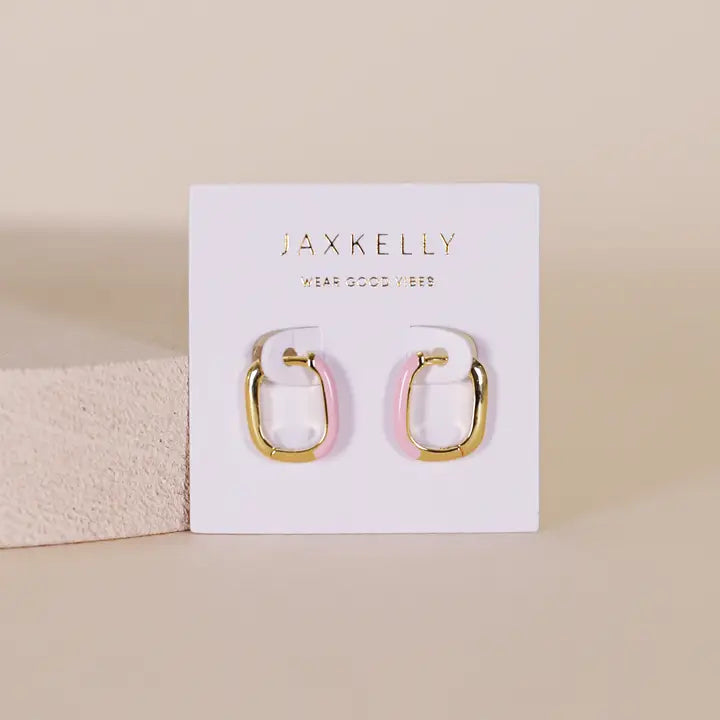 Color Dipped Rectangle Hoop Earrings - Petal Pink Enamel