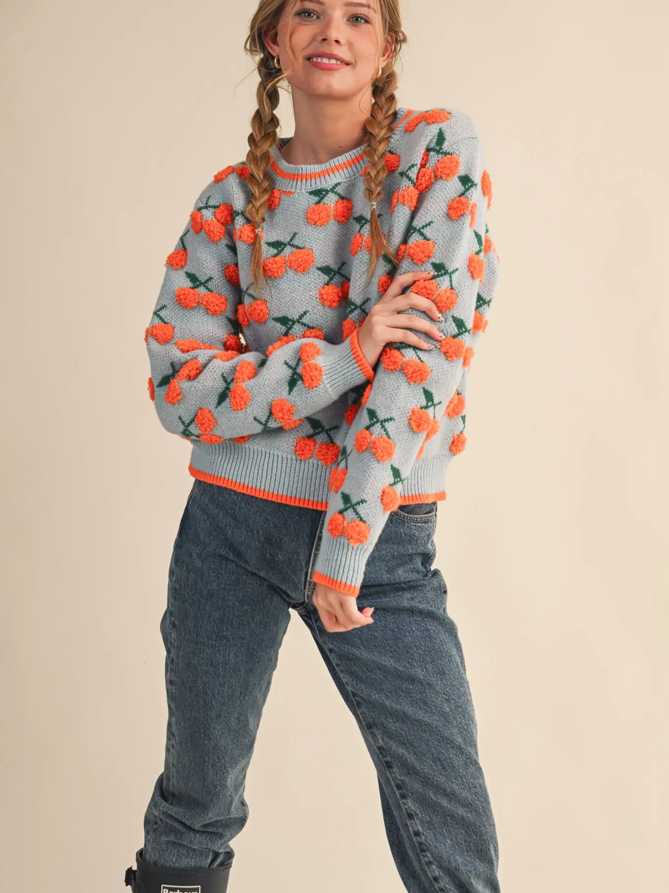 Fuzzy Cherry Sweater Light Blue