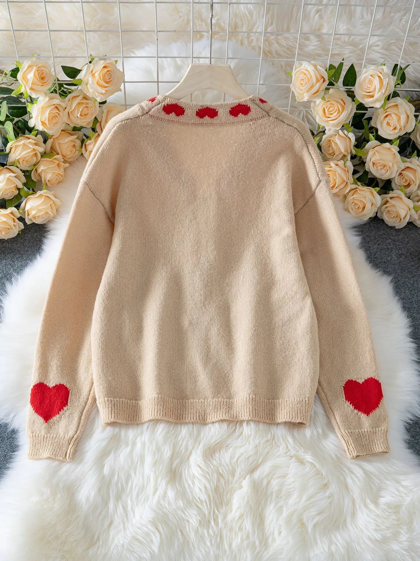 Honey Love Red Heart Pattern Tie Front Knit Cardigan Sweater