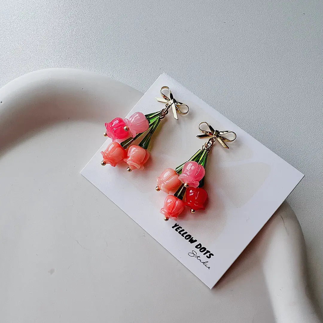 Upside Down Little Tulips Bouquet Beaded Earrings
