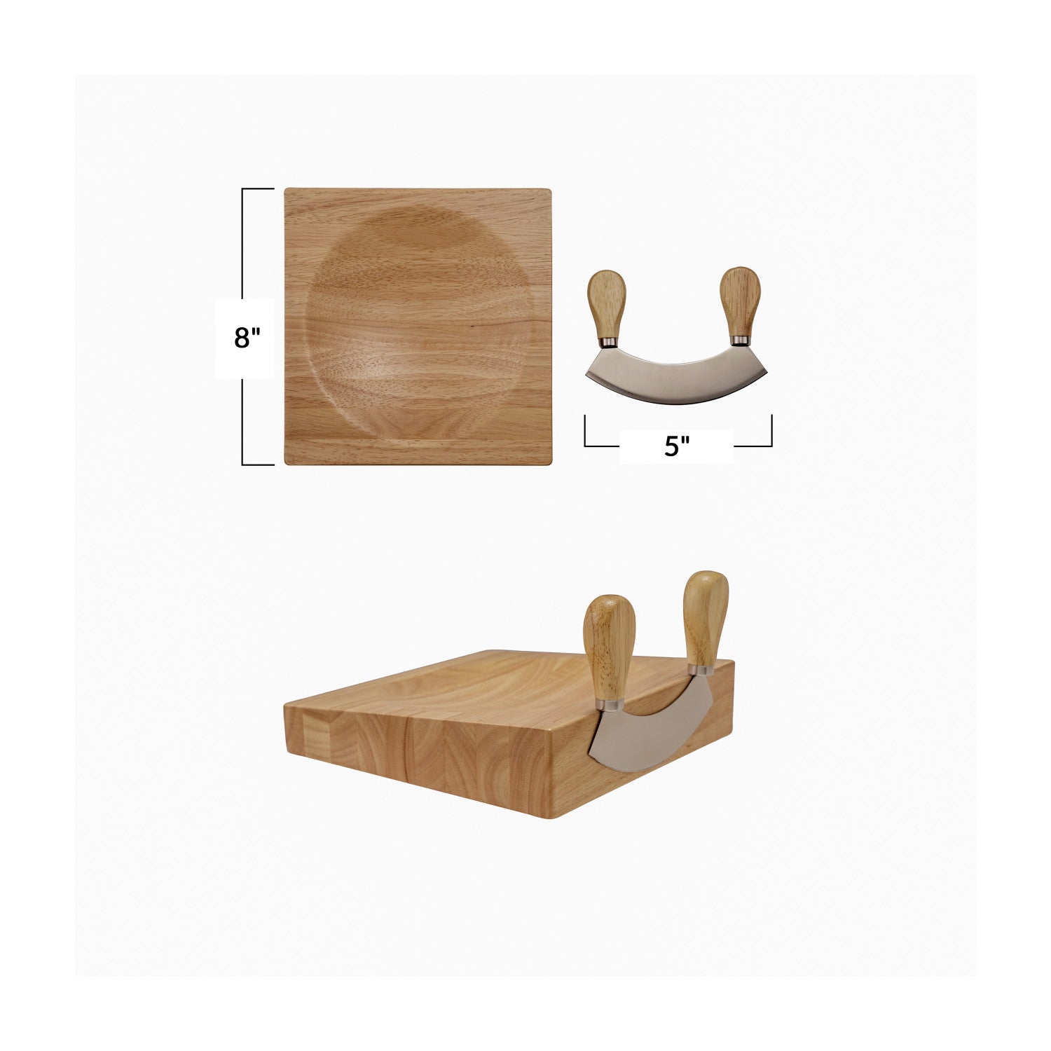 Wood & Stainless Steel Mezzaluna w/8" Square Cutting Board