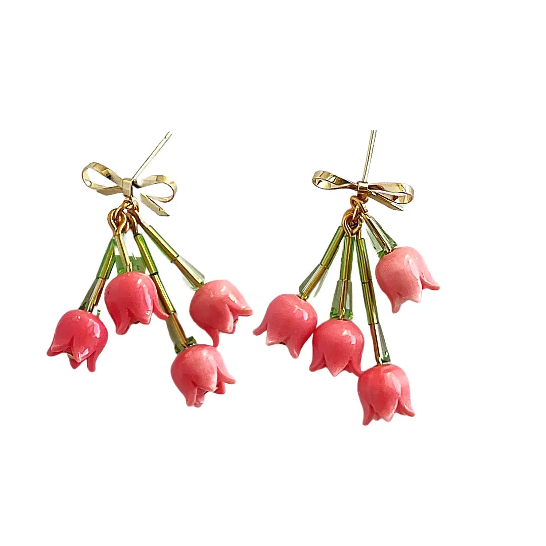 Upside Down Peach Tulips Bouquet Beaded Earrings