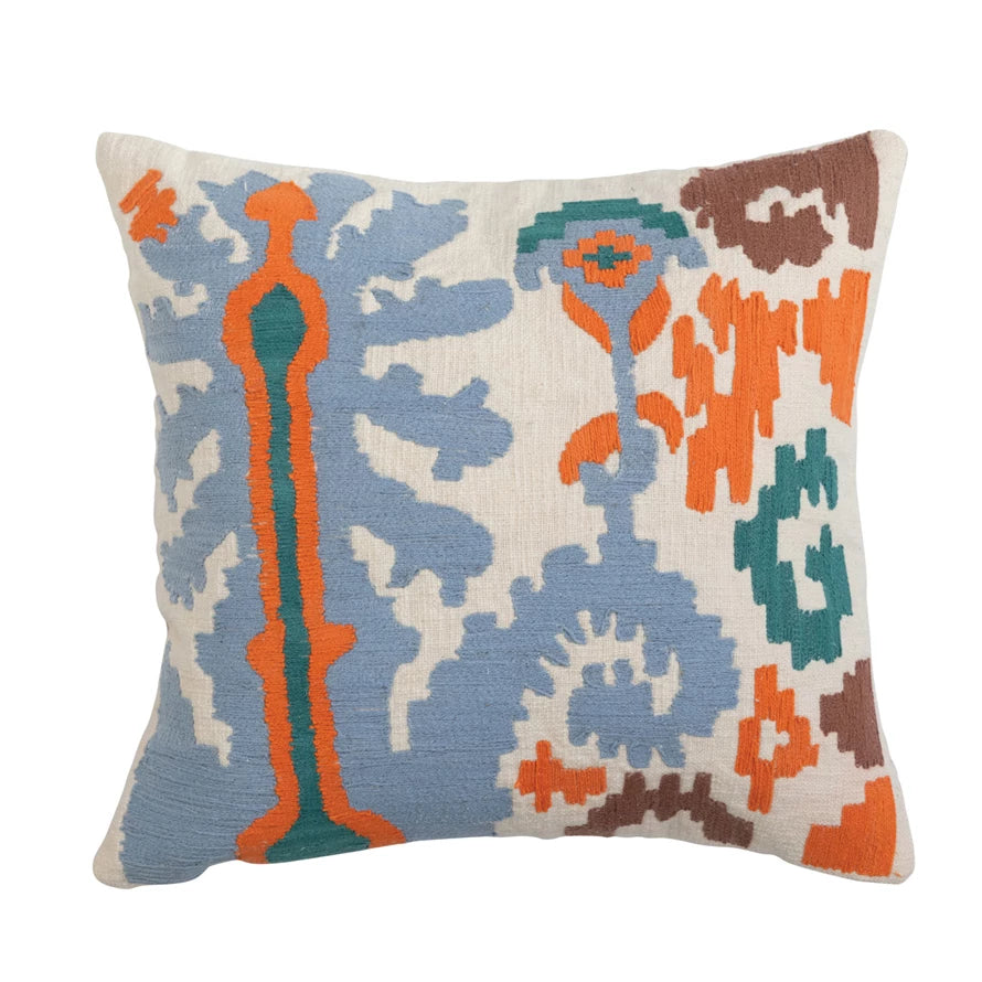 18" Cotton Slub Pillow w/ Embroidered Ikat Motif & Chambray Back, Polyester Fill