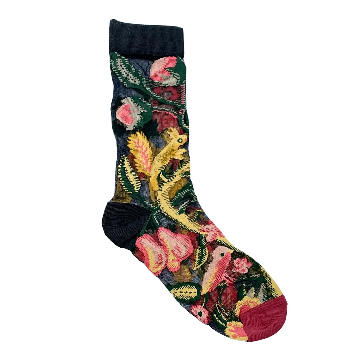 Tropical Mesh Print Crew Sock - Flora Fauna Pink Tropical Birds