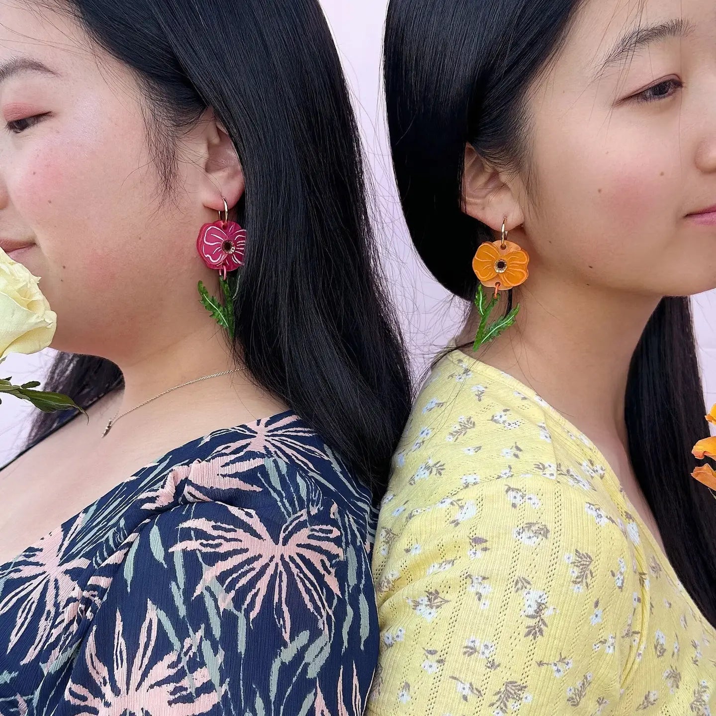Poppy Bloom Mismatch Pink & Orange Earrings