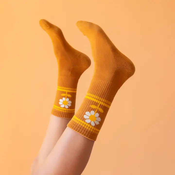 Retro Flower Striped Ribbed Crew Sock