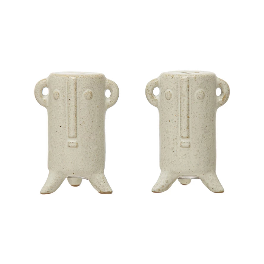 Salt and Pepper Shakers with Face, Reactive Glaze, Set of 2