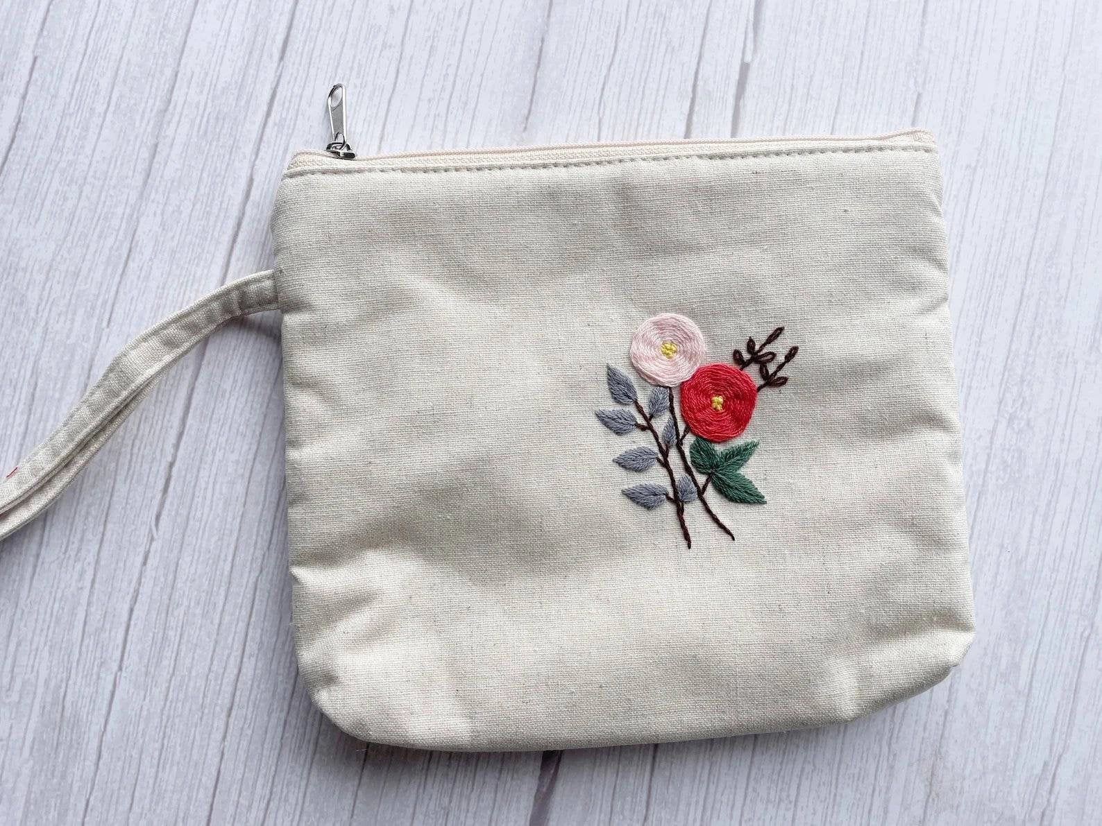 Flower Embroidered Cosmetics Bag Beige