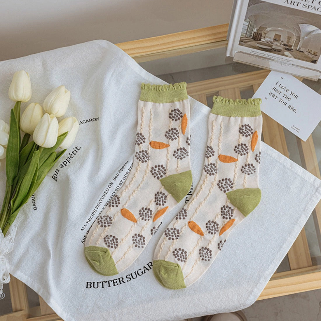 Rufia - Floral Lace Trim Mid-Calf Socks - Green