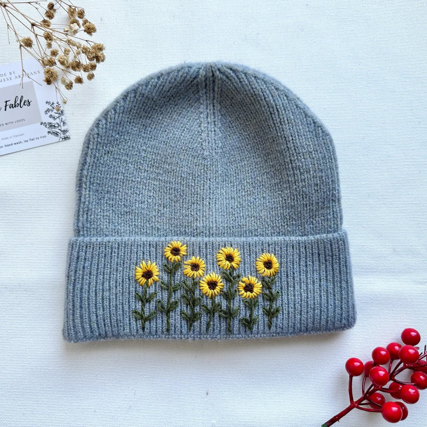 Hand-Embroidered Beanie Sunflower