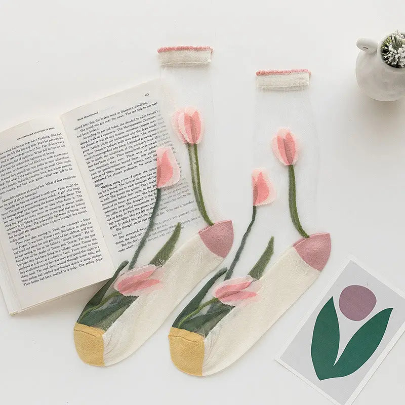 Rufia - Ultra-Thin Tulip Floral Socks Pink