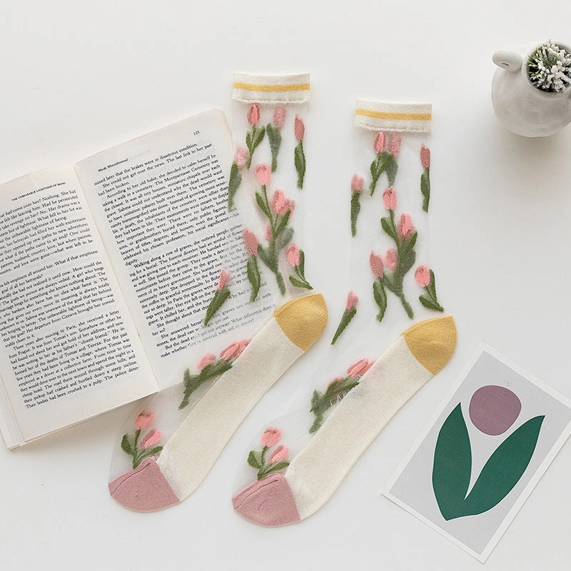 Rufia - Ultra-Thin Tulip Floral Socks Pink