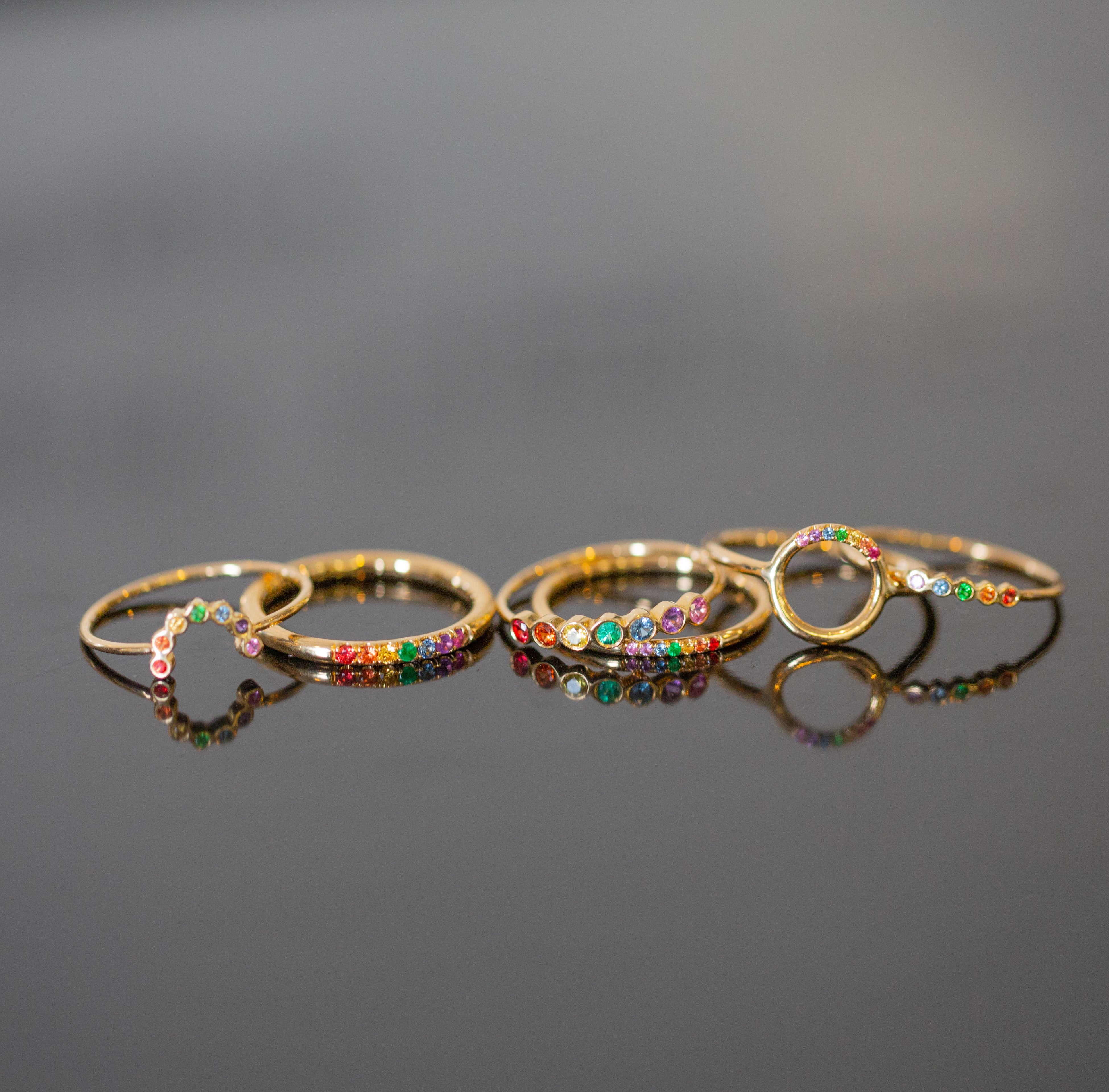Tiny Bezel Rainbow Sapphires Ring