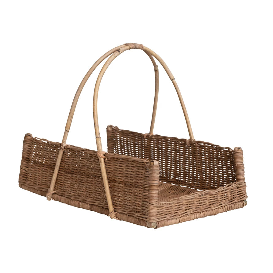Hand-Woven Rattan Basket w/ Handle, Natural