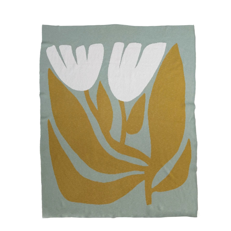 Cotton Knit Throw w/ Flowers