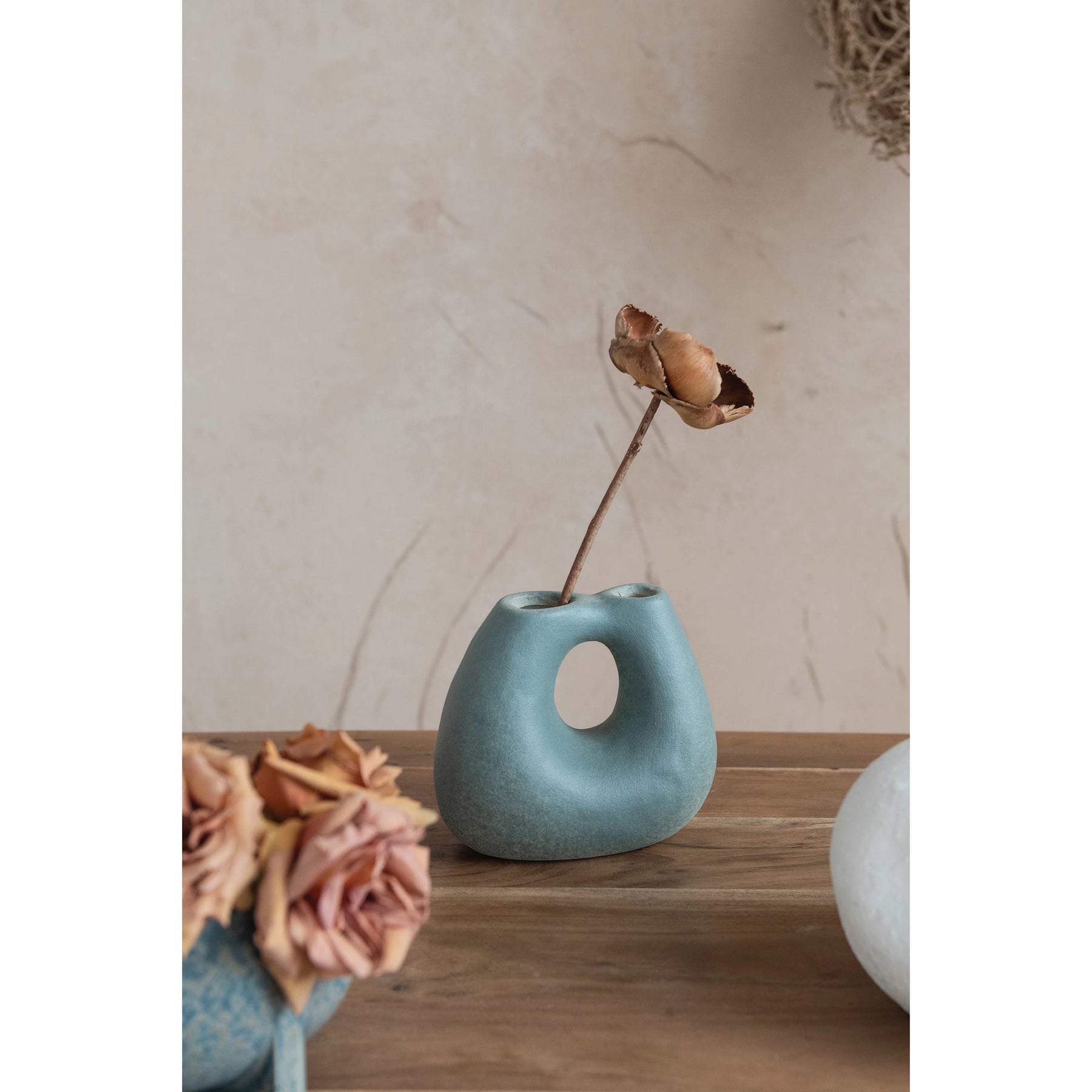Terracotta Vase with Two Openings, Matte Teal