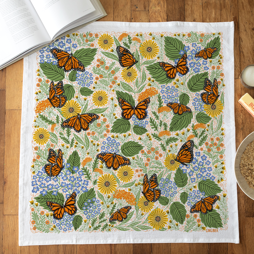 Monarch Garden Tea Towel - Butterfly Floral Kitchen Decor