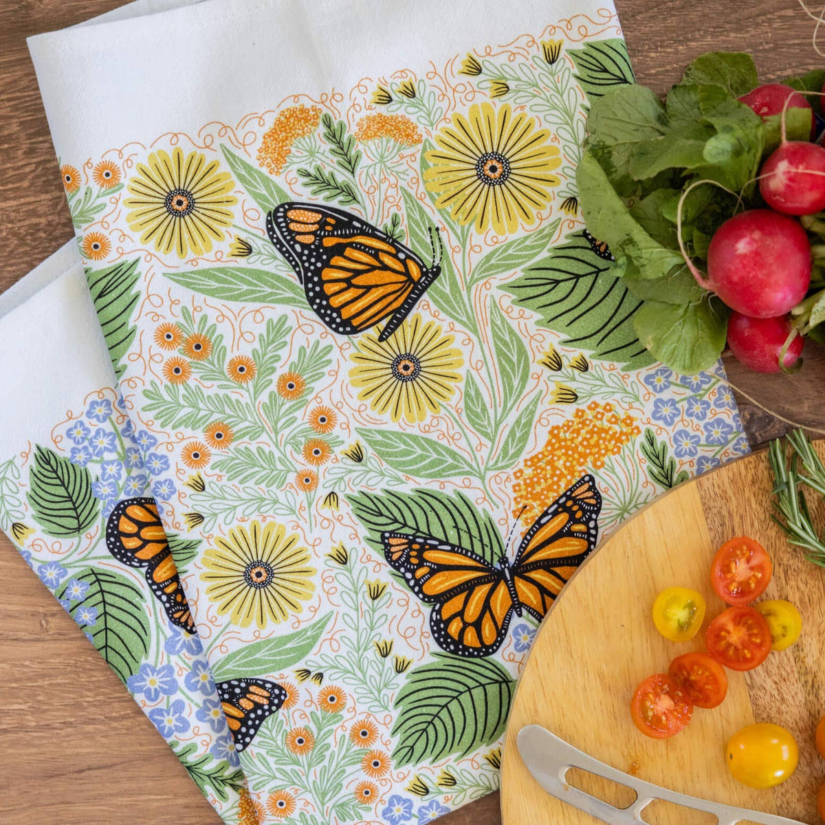 Monarch Garden Tea Towel - Butterfly Floral Kitchen Decor