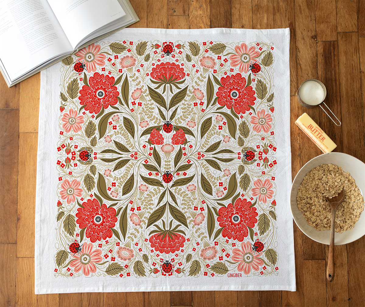 Ladybug Tea Towel - Spring & Garden Floral Kitchen Decor