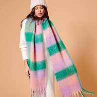 Pink and Green Checkered Fluffy Scarf