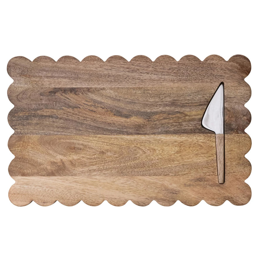 Mango Wood Scalloped Cheese/Serving Board w/ Stainless Steel Cheese Knife