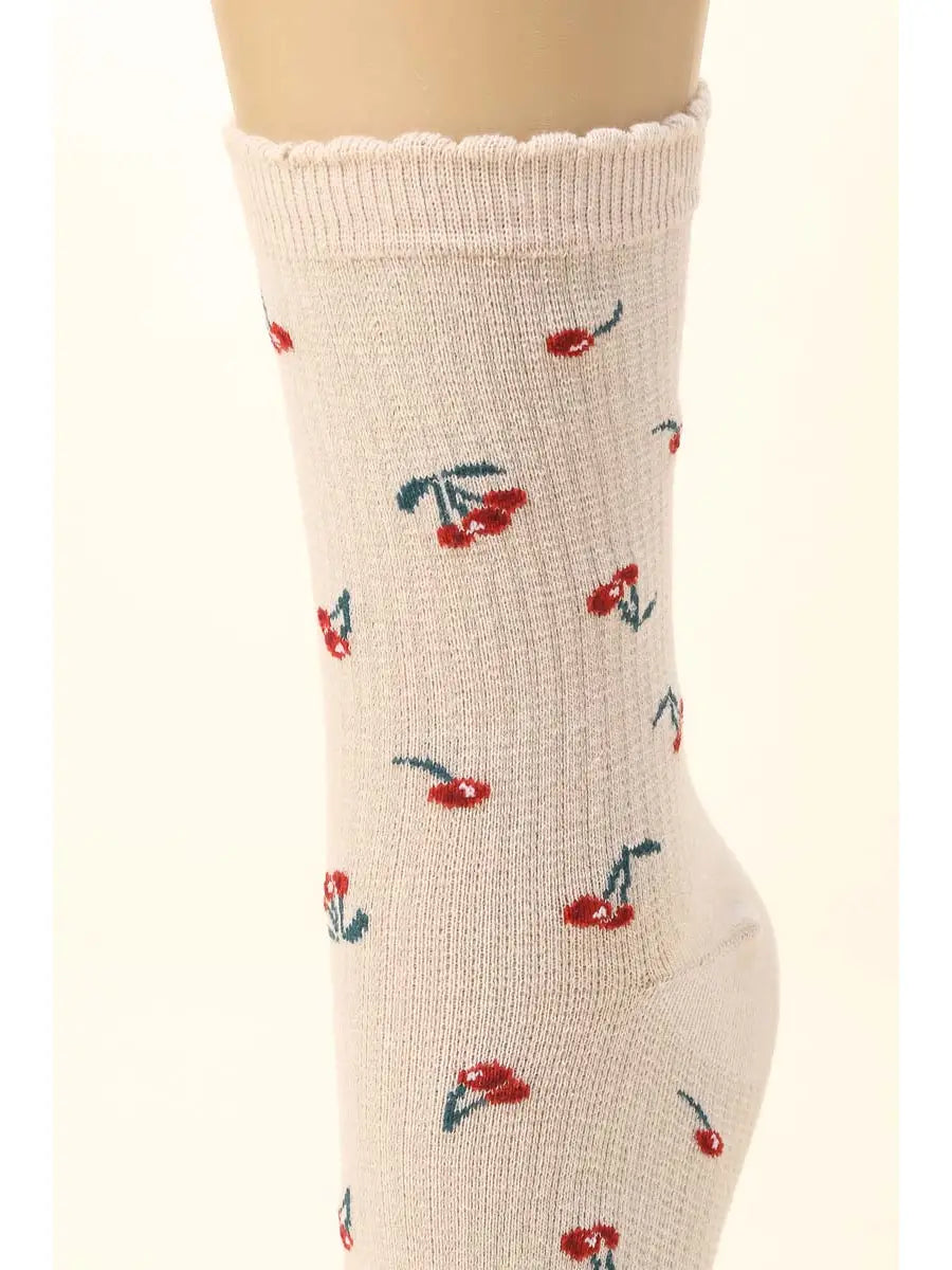 Beige Cherry Print Socks