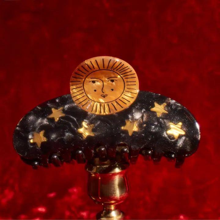 Sun and Stars Astrology Hair Claw in Gold and Black Acetate