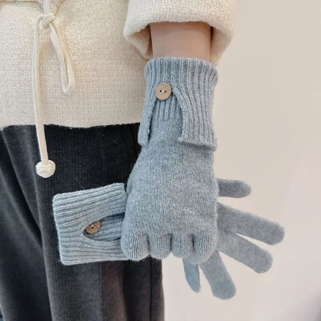 Cozy Knit Button Gloves Light Blue