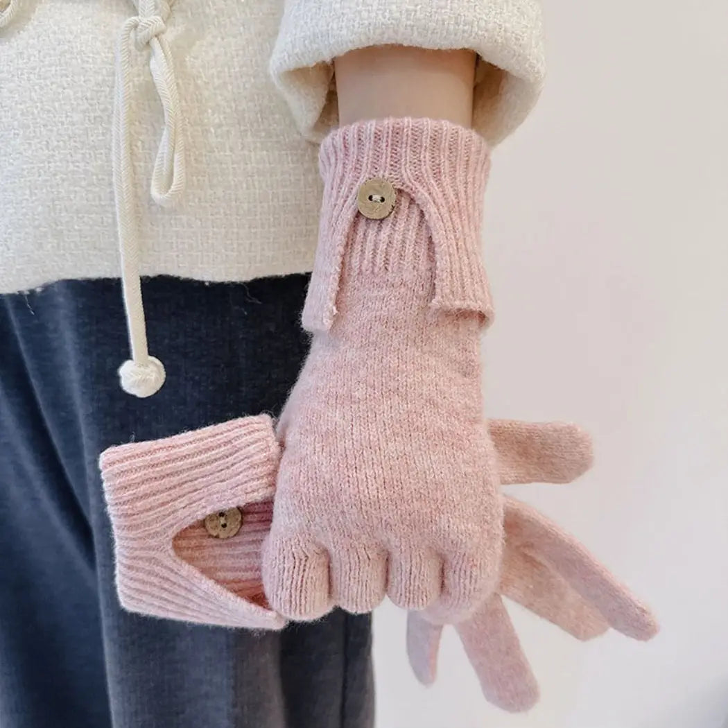 Cozy Knit Button Gloves Pink