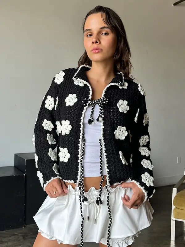 Crochet Knit Cardigan with Contrast Flower