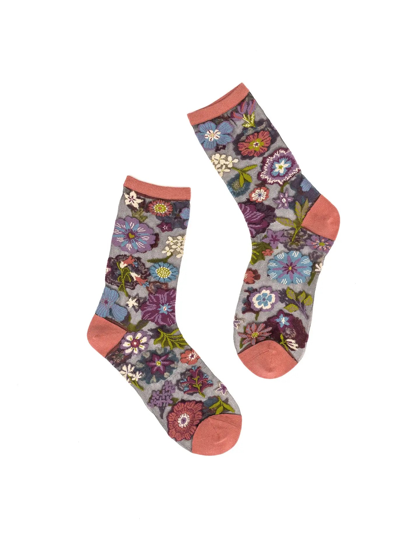 Dark Florals Black Sheer Crew Socks