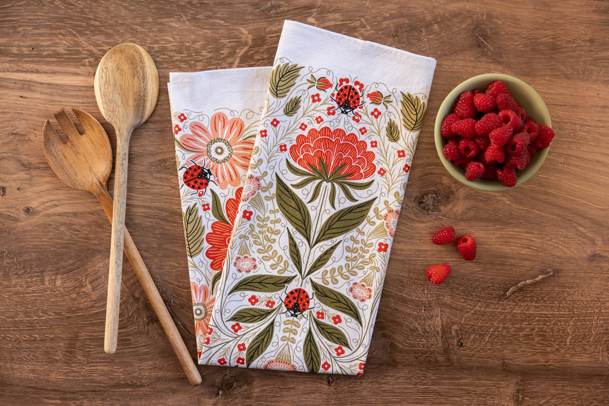 Ladybug Tea Towel - Spring & Garden Floral Kitchen Decor