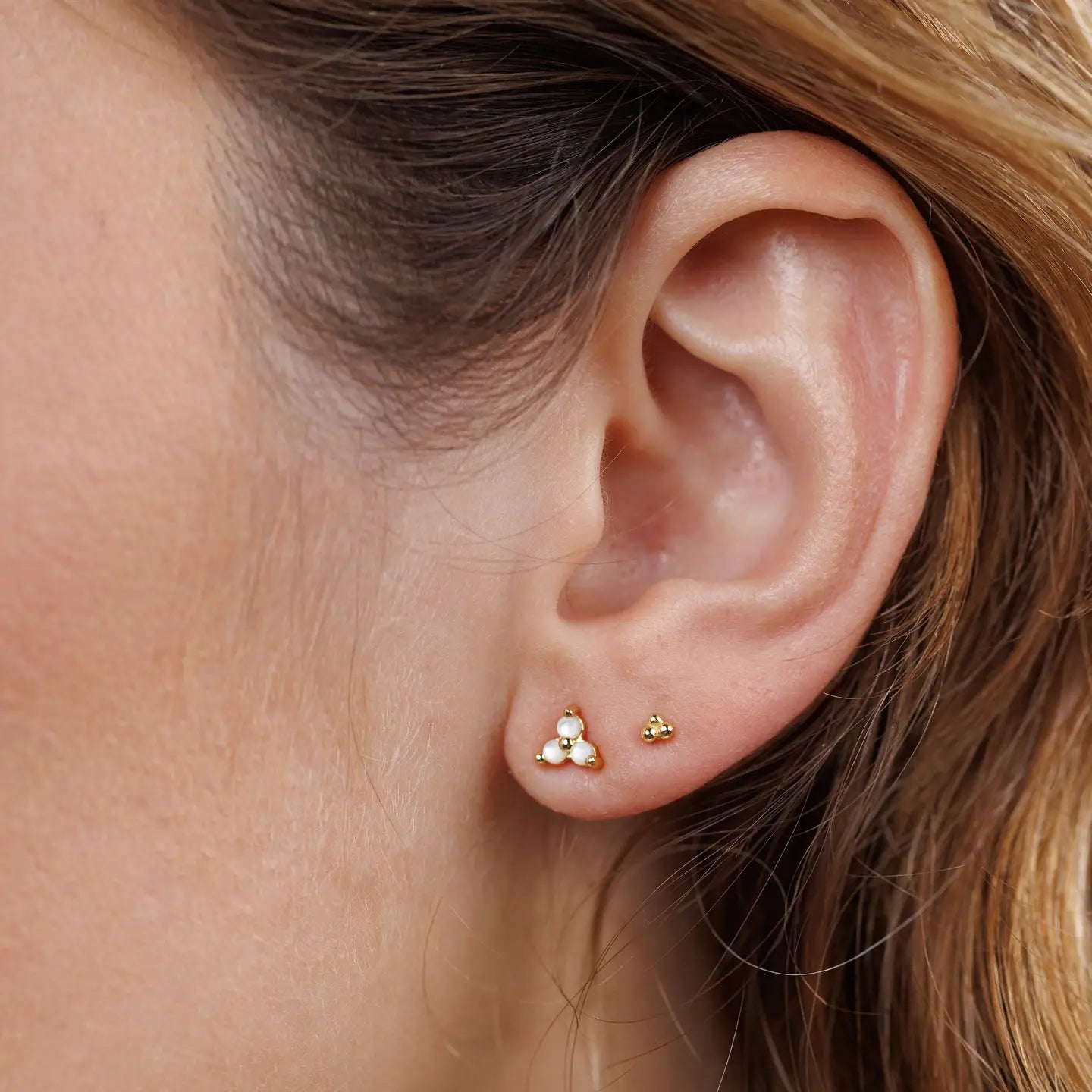 Trio Cluster Gold Earrings - Pearl