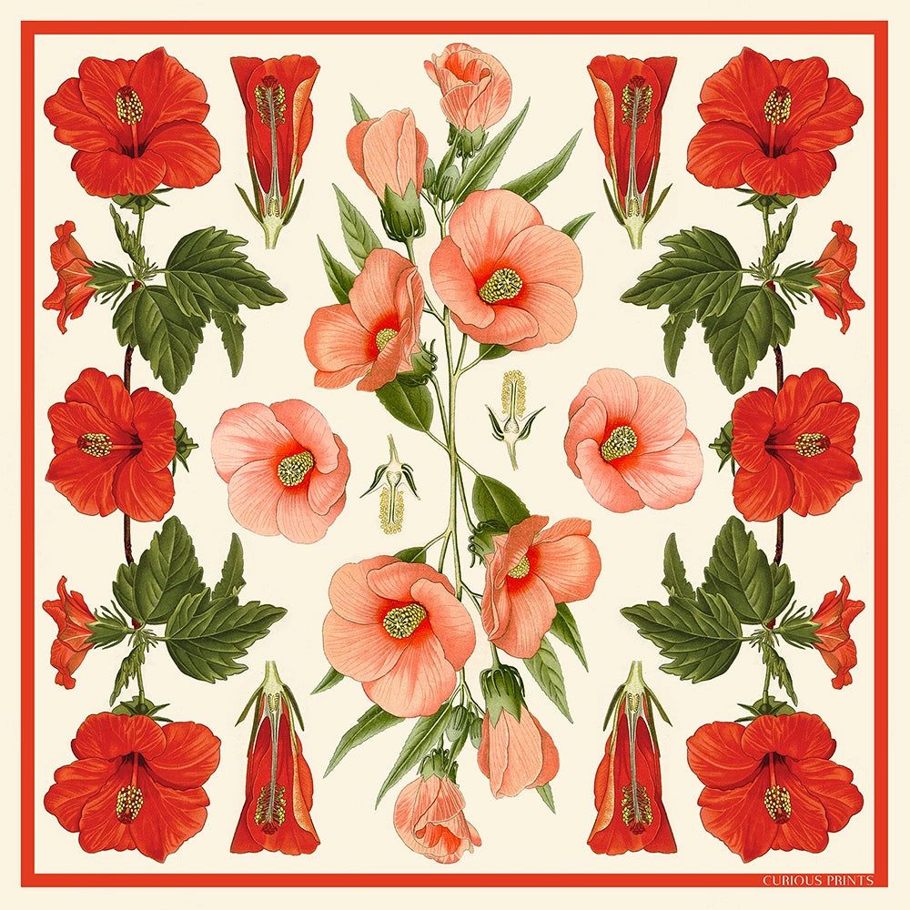 100% Silk Scarf Botanical Hibiscus Flower Summer Bandana
