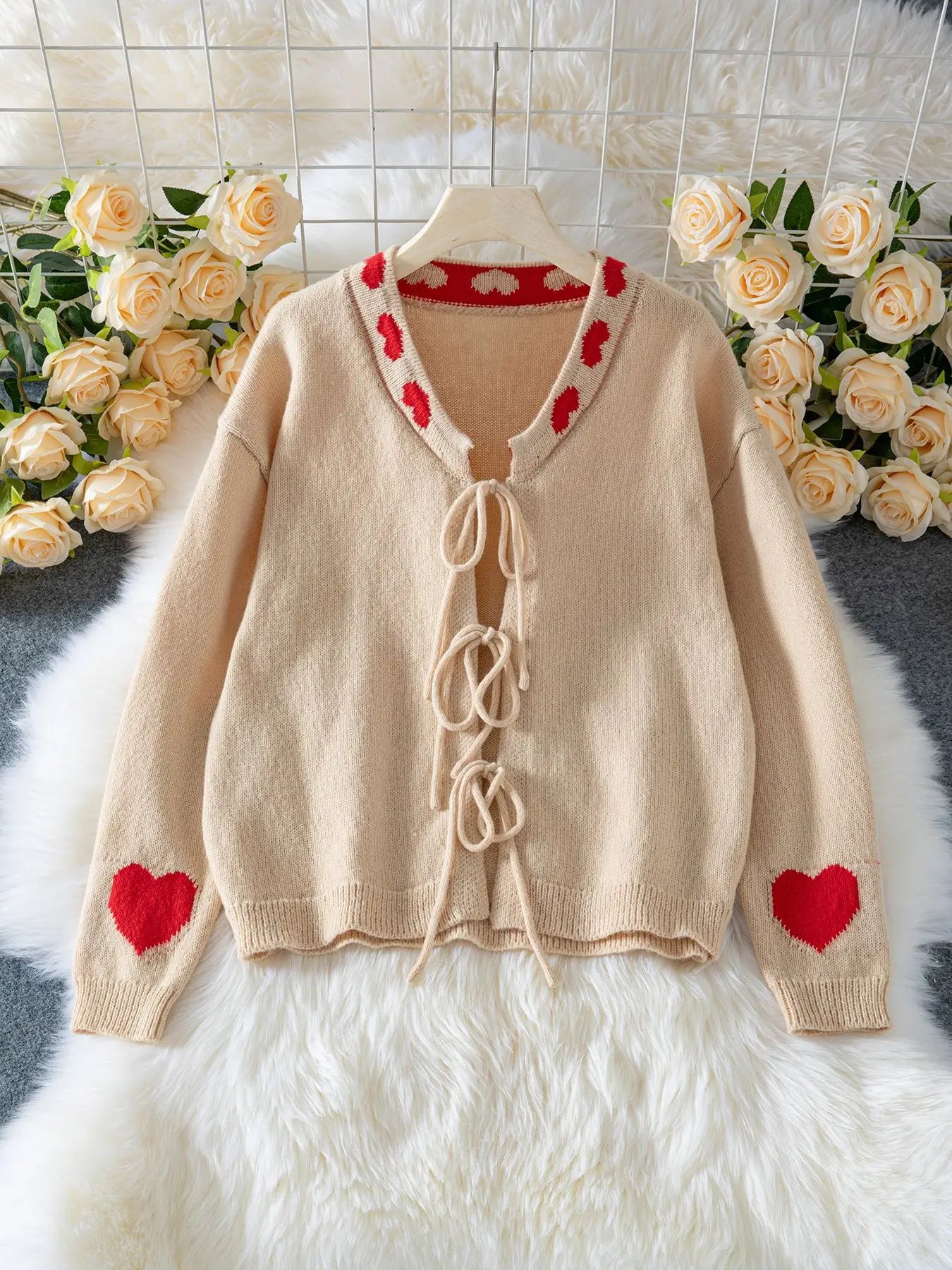 Honey Love Red Heart Pattern Tie Front Knit Cardigan Sweater