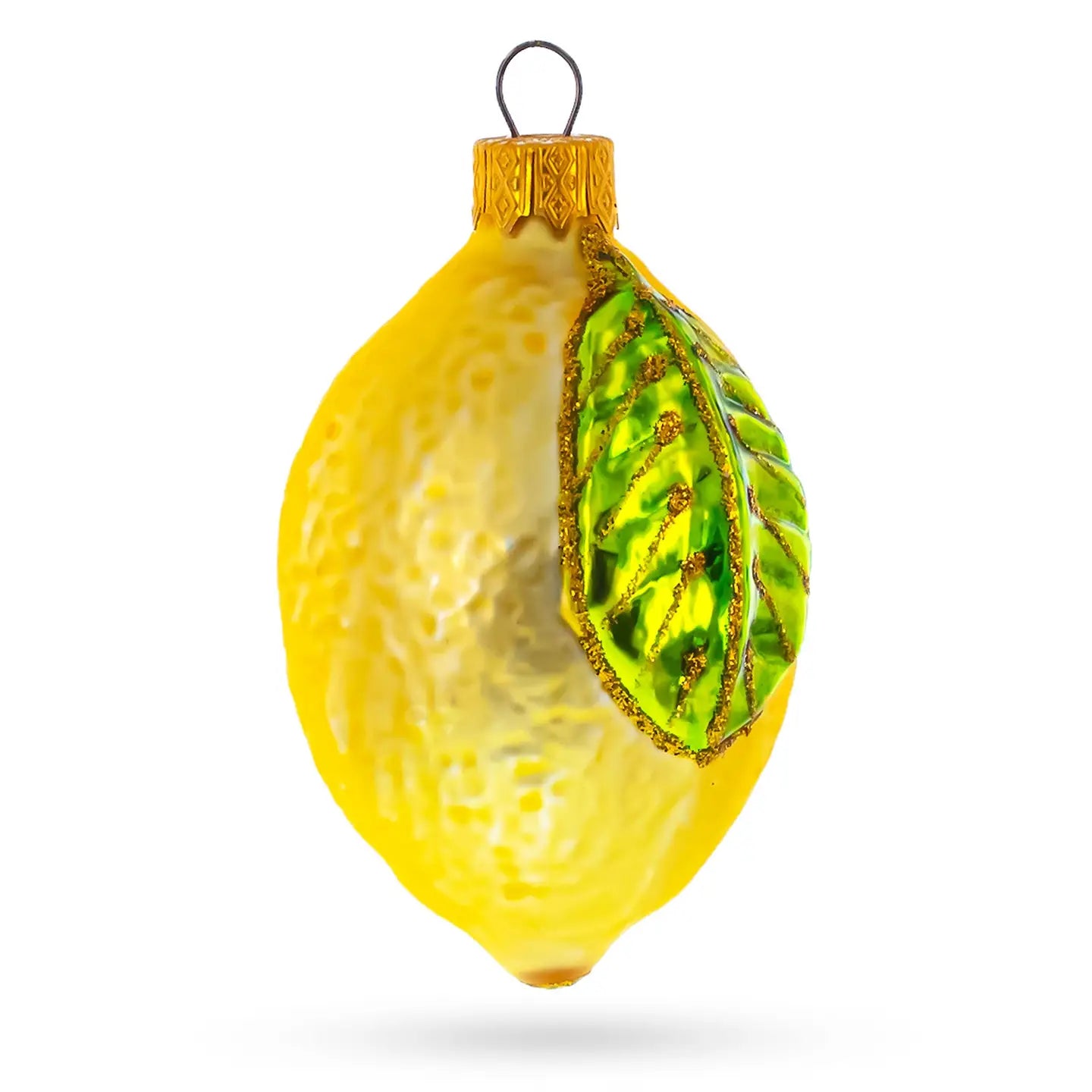 Lemon with Green Leaf Glass Ornament